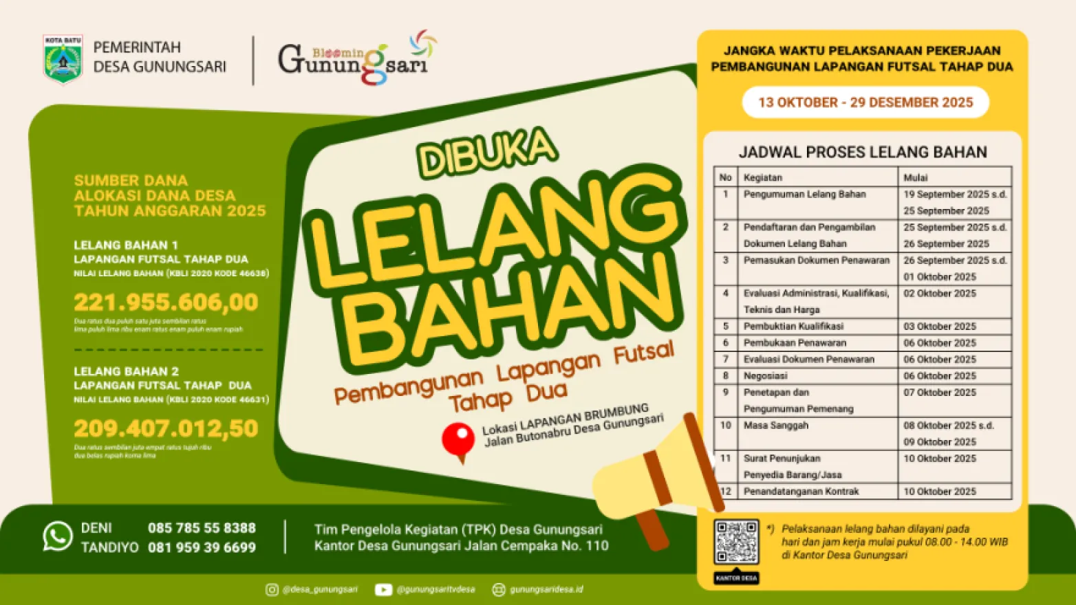 Pengumuman Lelang Bahan Pembangunan Lapangan Futsal Desa Gunungsari Tahap Dua Tahun Angaran 2025